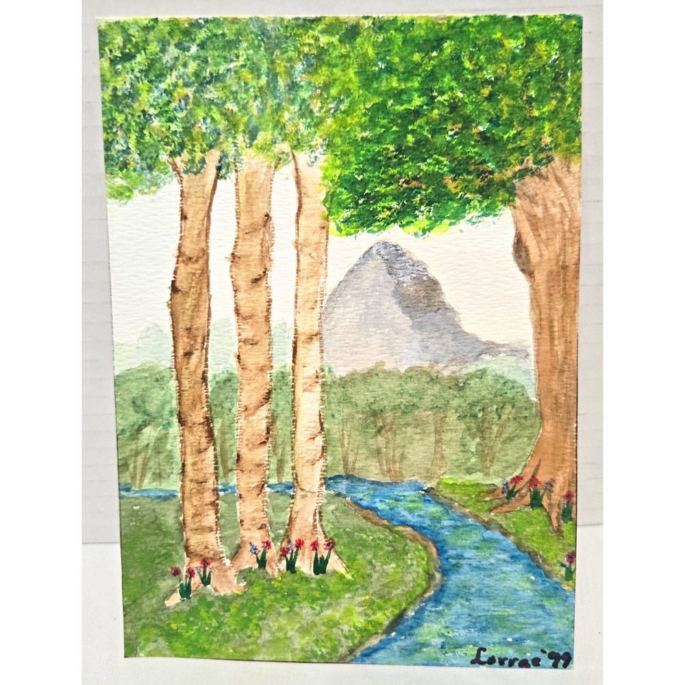 Vtg 1999 Original Watercolor Landscape Painting Signed River Mountain Forest Art